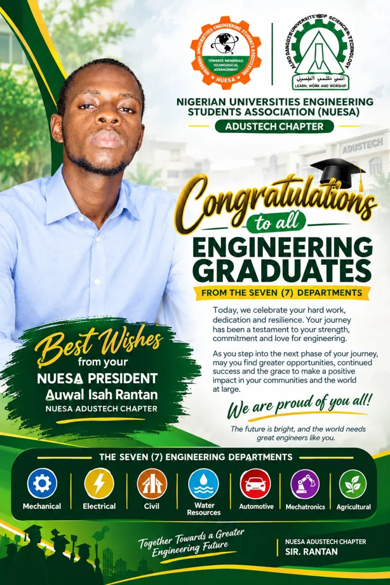 Class of Excellence (2026): NUESA President Auwal Isah Rantan Congratulates Engineering Graduates Across Seven Departments